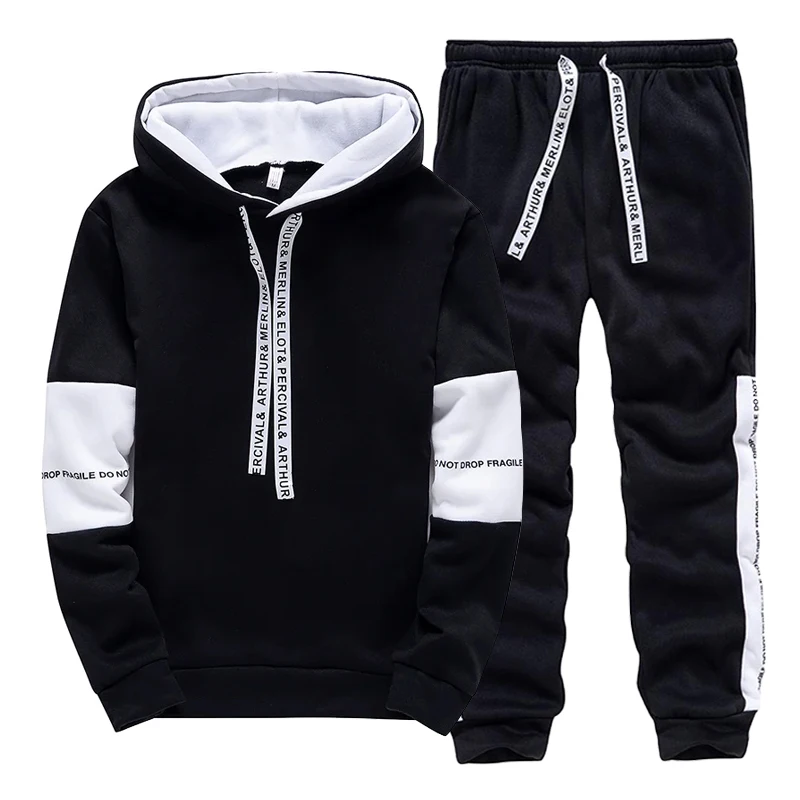 Winter Clothing Outdoor - ชุดวอร์มผู้ชายสีขาวดำ แฟชั่นลำลอง เสื้อฮู้ดสำหรับกิจกรรมกลางแจ้ง เสื้อผ้ากีฬา วิ่งจ๊อกกิ้ง ฤดูใบไม้ร่วง