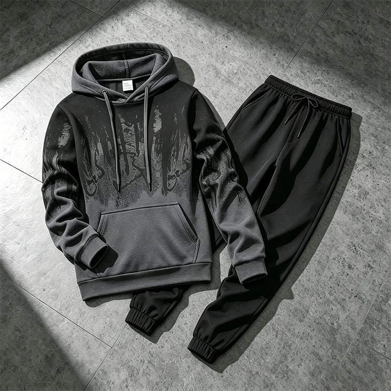 Winter Clothing Outdoor - ชุดฮู้ดดี้ผู้ชายสำหรับฤดูใบไม้ร่วงและฤดูหนาว เสื้อสเวตเชิ้ตลายหมึกสำหรับกิจกรรมกลางแจ้ง กีฬา วิ่งจ๊อกกิ้ง เสื้อผ้าสตรีทแฟชั่น เสื้อและกางเกงแยกชิ้น