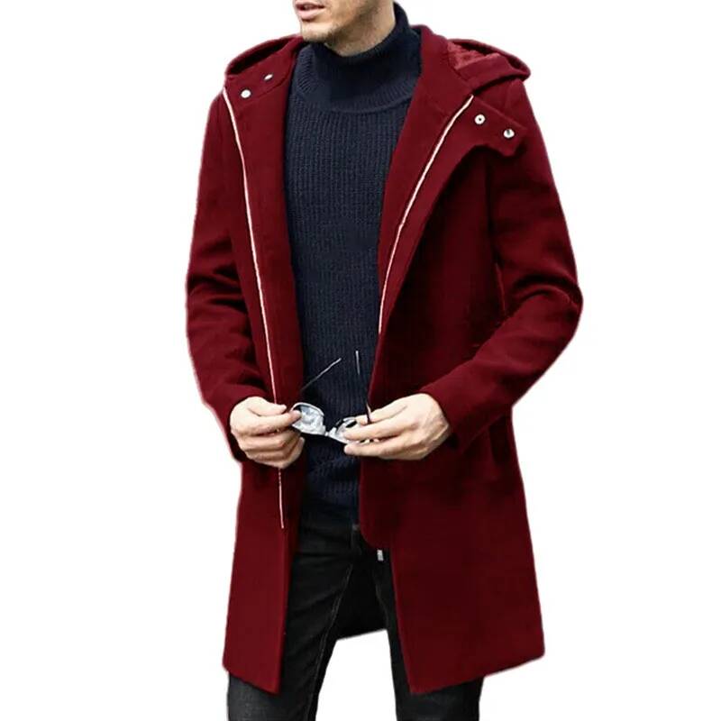 Winter Clothing Taiwan - เสื้อโค้ทขนสัตว์แฟชั่นลำลองแบบมีฮู้ด ซิปยาวปานกลางสำหรับผู้ชาย คอลเลคชั่นฤดูใบไม้ร่วง-ฤดูหนาว ปี 2026 พร้อมซับใน