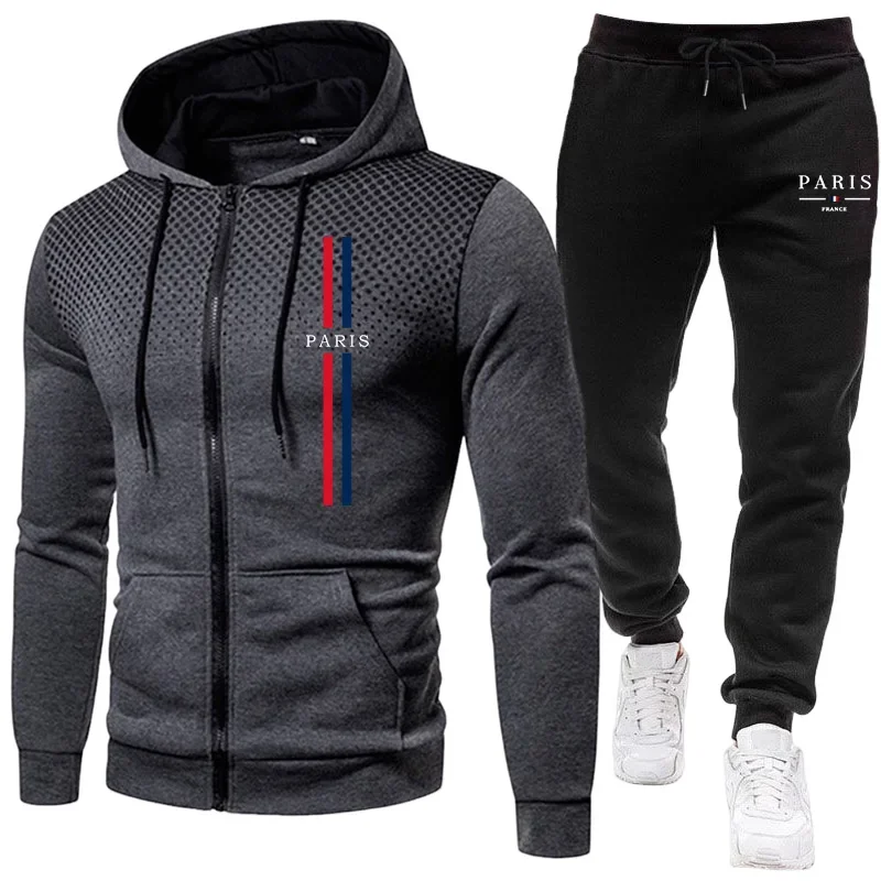 Winter Clothing Outdoor - ชุดกีฬาผู้ชาย เสื้อแจ็คเก็ตมีซิป+กางเกง ชุดสองชิ้น ฤดูใบไม้ร่วง ฤดูหนาว ชุดลำลอง
