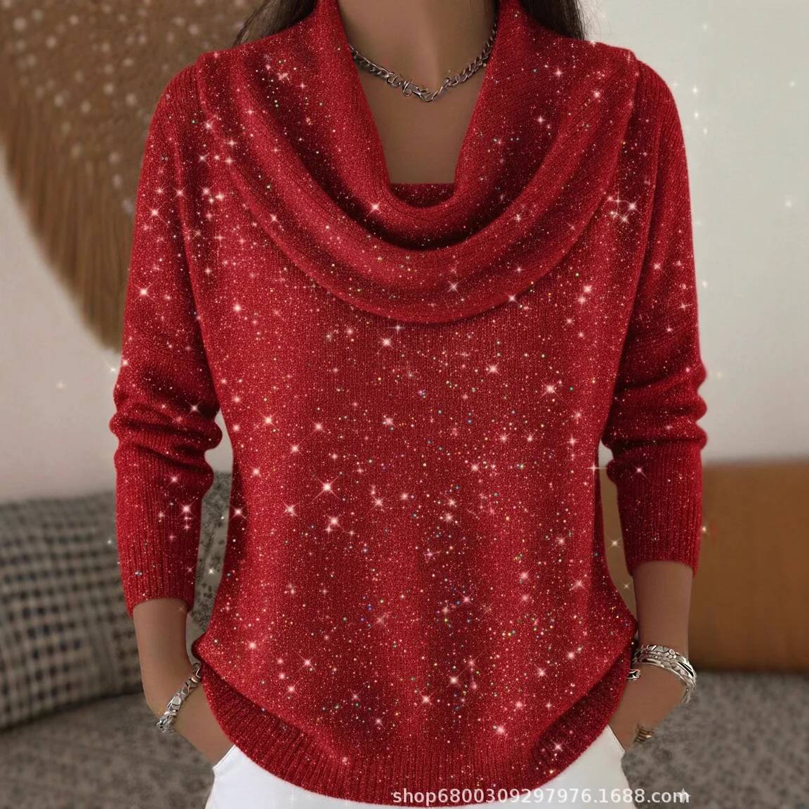 Winter Clothing Taiwan - เสื้อสเวตเตอร์ถักประดับเลื่อมแฟชั่นสำหรับผู้หญิง สไตล์ลำลอง คอปกพับ แขนยาว เสื้อสวมหัว เสื้อท่อนบน