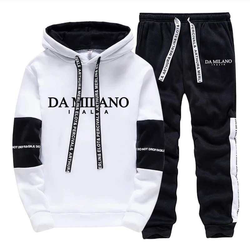 Winter Clothing Outdoor - ชุดวอร์มผู้ชายสีดำขาวสำหรับฤดูใบไม้ร่วงและฤดูหนาว เสื้อฮู้ดลำลองสำหรับกิจกรรมกลางแจ้ง กีฬา วิ่งจ๊อกกิ้ง แฟชั่น เสื้อฮู้ดเดี่ยวพร้อมกางเกง