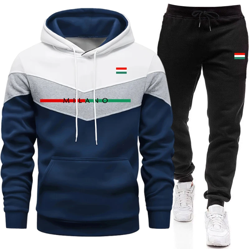 Winter Clothing Outdoor - ชุดวอร์มคุณภาพดีสำหรับผู้ชาย เสื้อสเวตเชิ้ตแบบลำลองสามสี ชุดออกกำลังกายกลางแจ้ง เสื้อฮู้ดเดี่ยว กางเกงขายาว สำหรับฤดูใบไม้ร่วงและฤดูหนาว