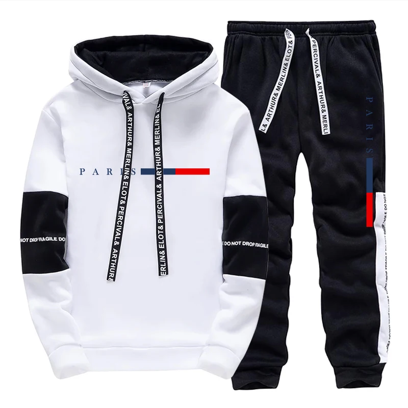 Winter Clothing Outdoor - ชุดเซ็ตผู้ชาย/เสื้อฮู้ด/กางเกง แฟชั่นปารีส ฤดูใบไม้ร่วง ฤดูหนาว ชุดลำลองสปอร์ต เสื้อฮู้ดแบบสวมหัวและกางเกงขายาว