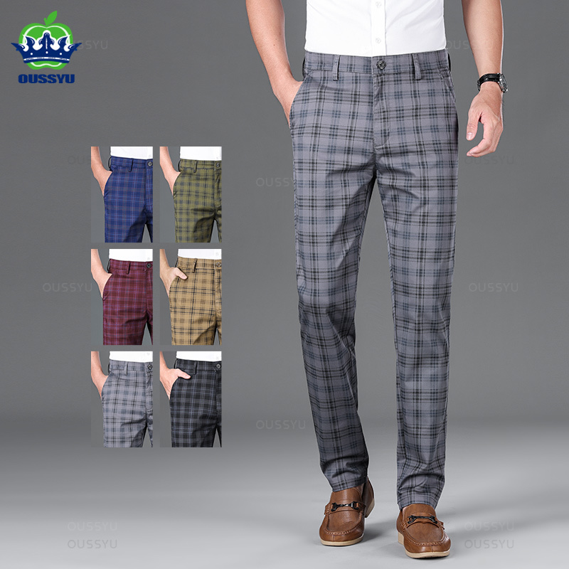 Winter Clothing Brand - Oussyu กางเกงขายาวกางเกงขายาวลายสก็อตผู้ชาย, ผ้าฝ้ายลำลองธุรกิจคลาสสิกกางเกงขายาวเป็นทางการยาว30-38