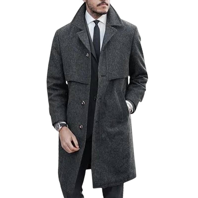 Winter Clothing Taiwan - เสื้อโค้ทผู้ชายแบบมีปก สไตล์ลำลองสำหรับใส่ทำงานหรือใส่เที่ยวกลางแจ้ง ผ้าวูลผสม มีซับใน แจ็คเก็ตตัวยาว ไซส์ยุโรปและอเมริกา